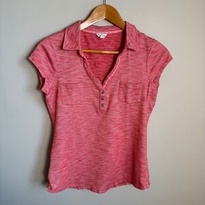 Guess Women's Polo Shirt Top Blouse Snap Up Short Sleeve Red Medium Retro Preppy